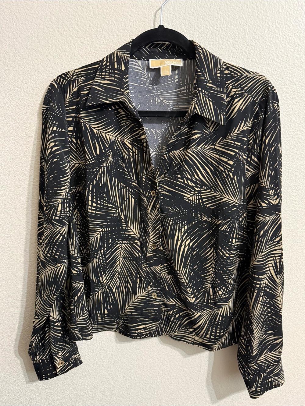 Michael Kors Woven Palm-Print Button Front Blouse - Black/Cream